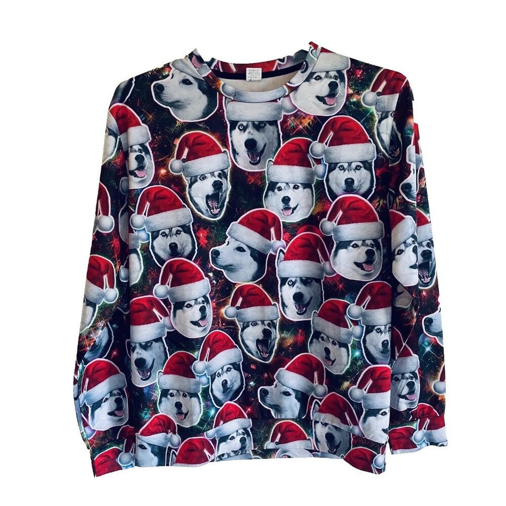 Santa Huskies Sweatshirt Funny Dogs in Hats Mens Large Fun Sweater